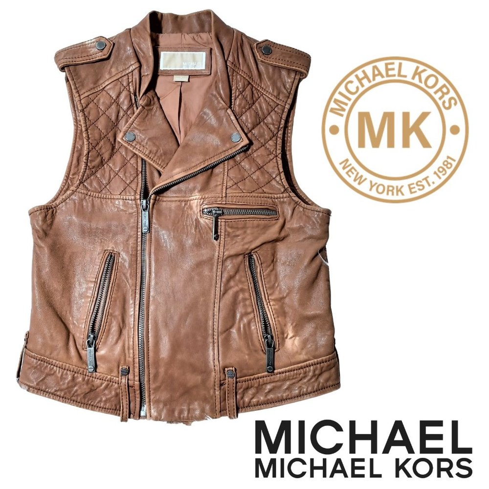 Michael Kors Light Brown Leather Women/Girls Vest Style-Jacket, Size S, Zipper.